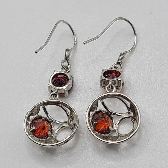 Beautiful Natural Red Garnet Flower Circle Silver Dangle Earrings 1.5" Open Back - Picture 4 of 5